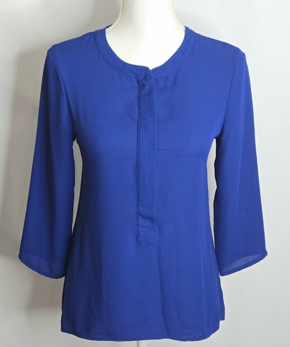 Express Cobalt Blue Zip Front Popover Blouse High Low Hem 3/4 Sleeve NWOT XS